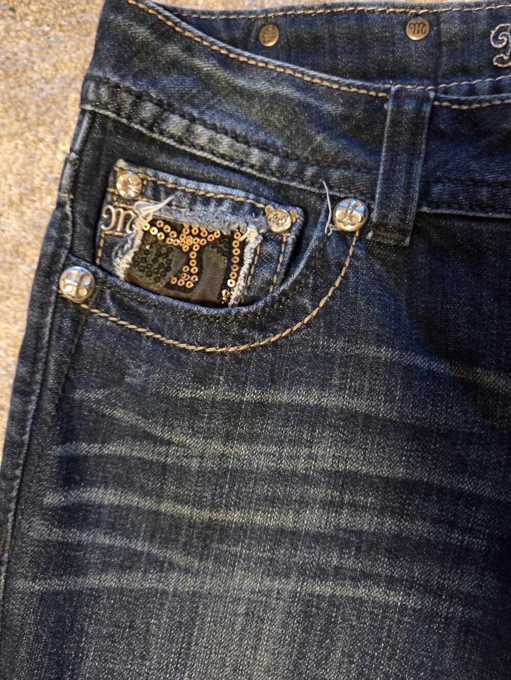 Miss Me Dark Blue Boot Cut Jeans with Embellished Animal-Print Pockets - Picture 3 of 6
